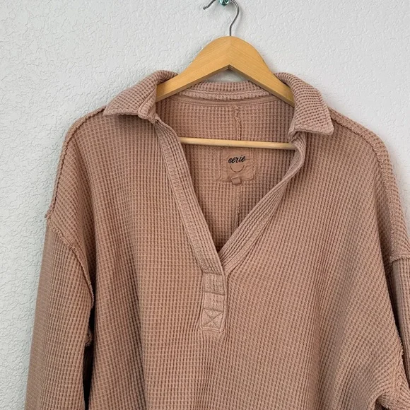 Aerie Lumber Jane Waffle Polo Long Sleeve Top Oversized Tan Size Medium - Picture 4 of 8